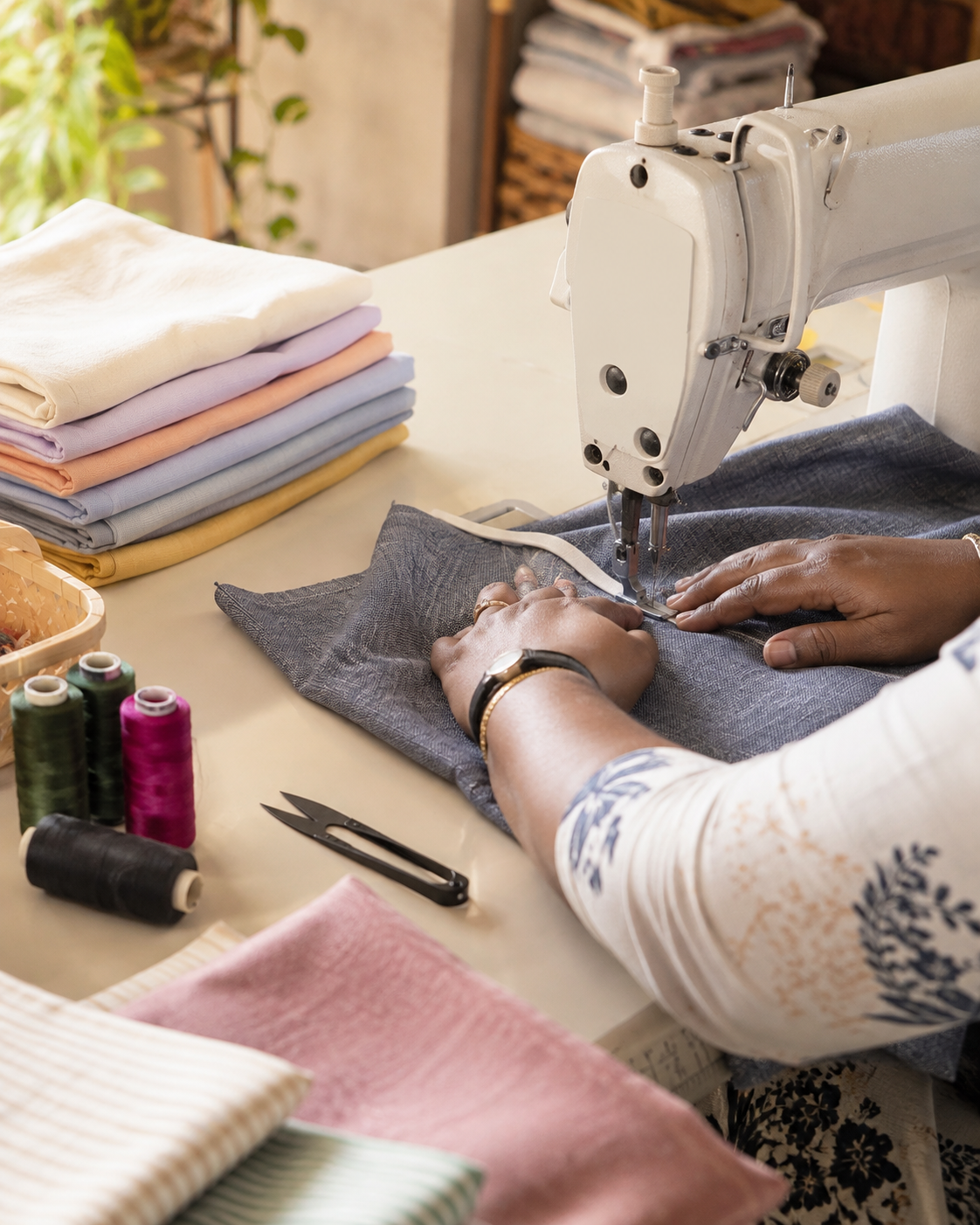Stacked high-quality fabric remnants in earthy tones, soft studio light